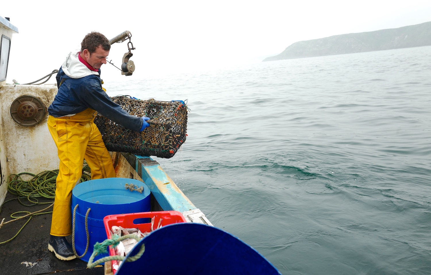 Fisherman hauling in catch
